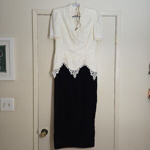 Vintage 80s Scott McClintock Ivory Lace And Deep Red Velvet Dress Size 12